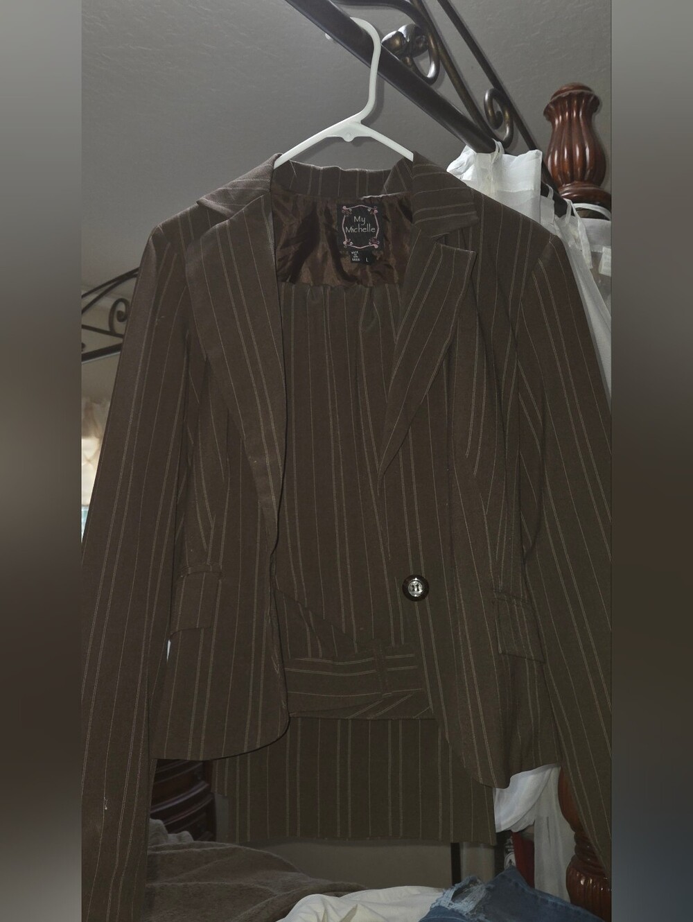 My Michelle Brown Pinstripe Women's Blazer Jacket and Pants Set